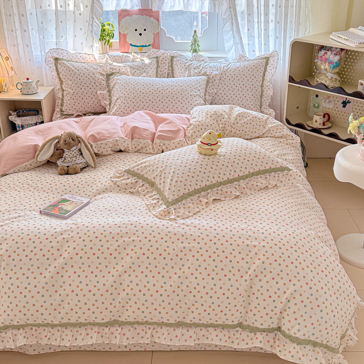 91家纺网 家纺一手货源 找家纺 眠屿家纺 2026新款40支全棉纯棉小清新法式花边款四件套 悠漾花影