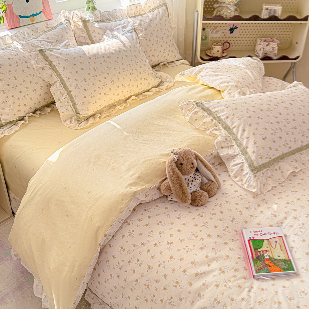 91家纺网 家纺一手货源 找家纺 眠屿家纺 2026新款40支全棉纯棉小清新法式花边款四件套 花漫弥香