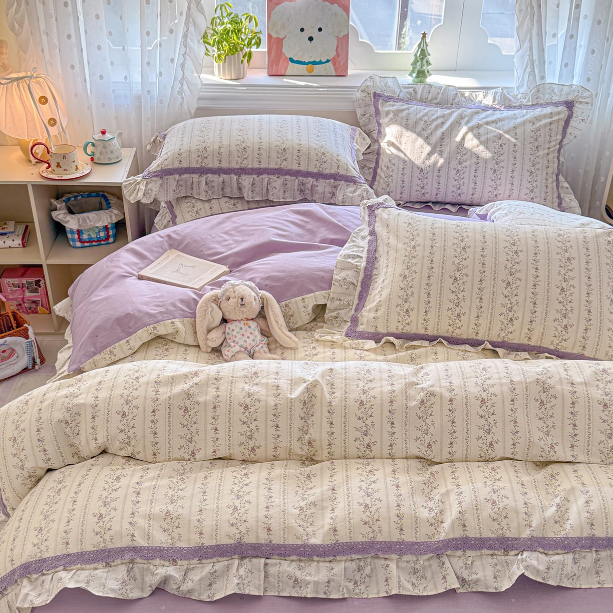 91家纺网 家纺一手货源 找家纺 眠屿家纺 2026新款40支全棉纯棉小清新法式花边款四件套 伊人飘香