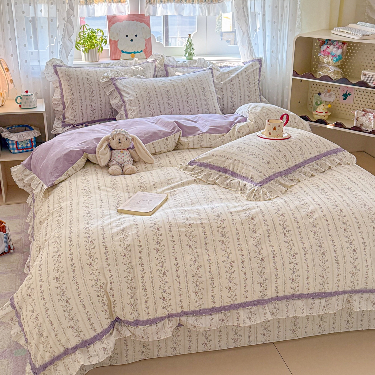 91家纺网 家纺一手货源 找家纺 眠屿家纺 2026新款40支全棉纯棉小清新法式花边款四件套 伊人飘香