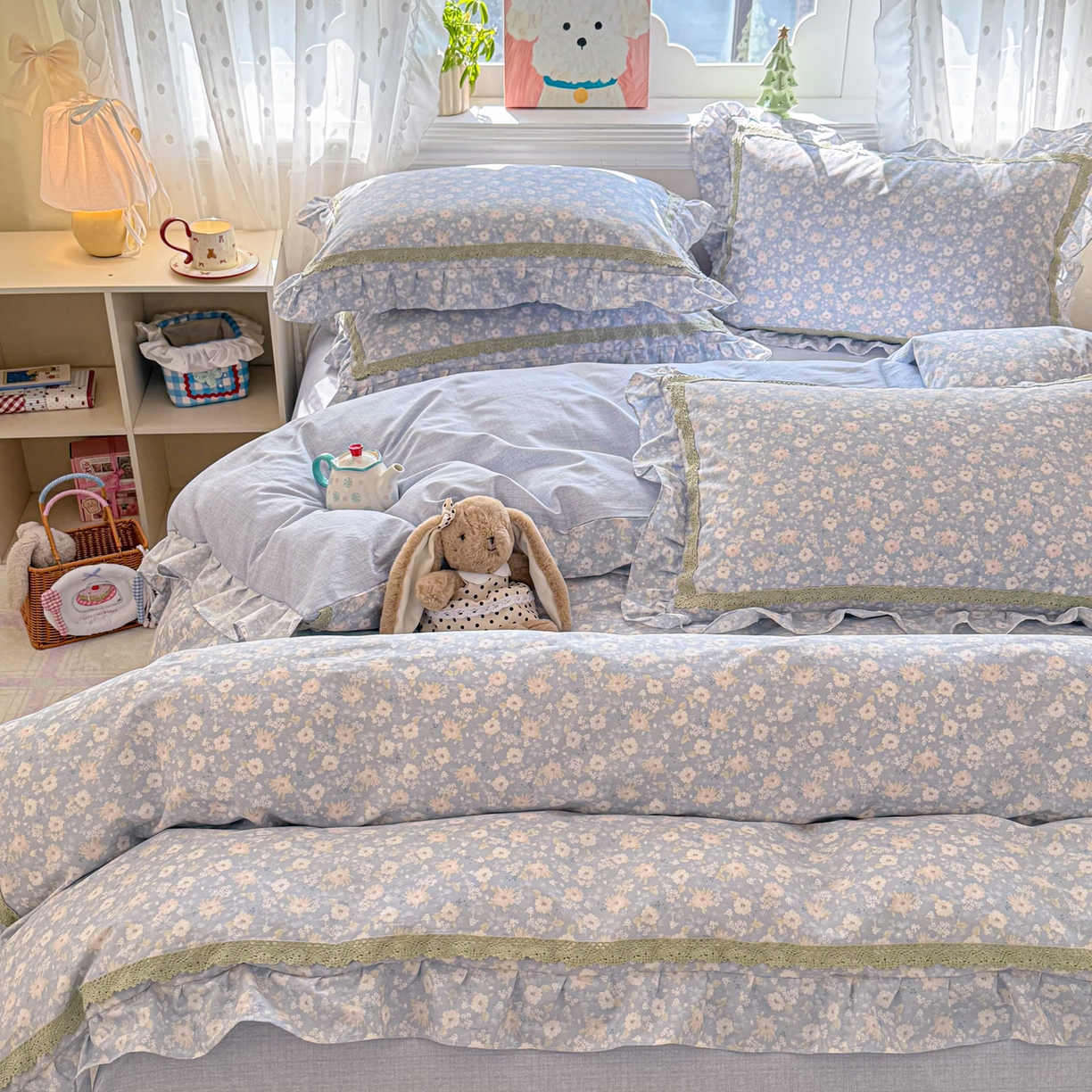 91家纺网 家纺一手货源 找家纺 眠屿家纺 2026新款40支全棉纯棉小清新法式花边款四件套 卡罗时光