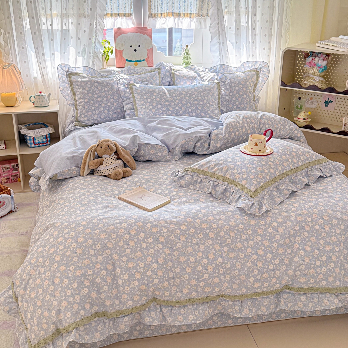 91家纺网 家纺一手货源 找家纺 眠屿家纺 2026新款40支全棉纯棉小清新法式花边款四件套 卡罗时光