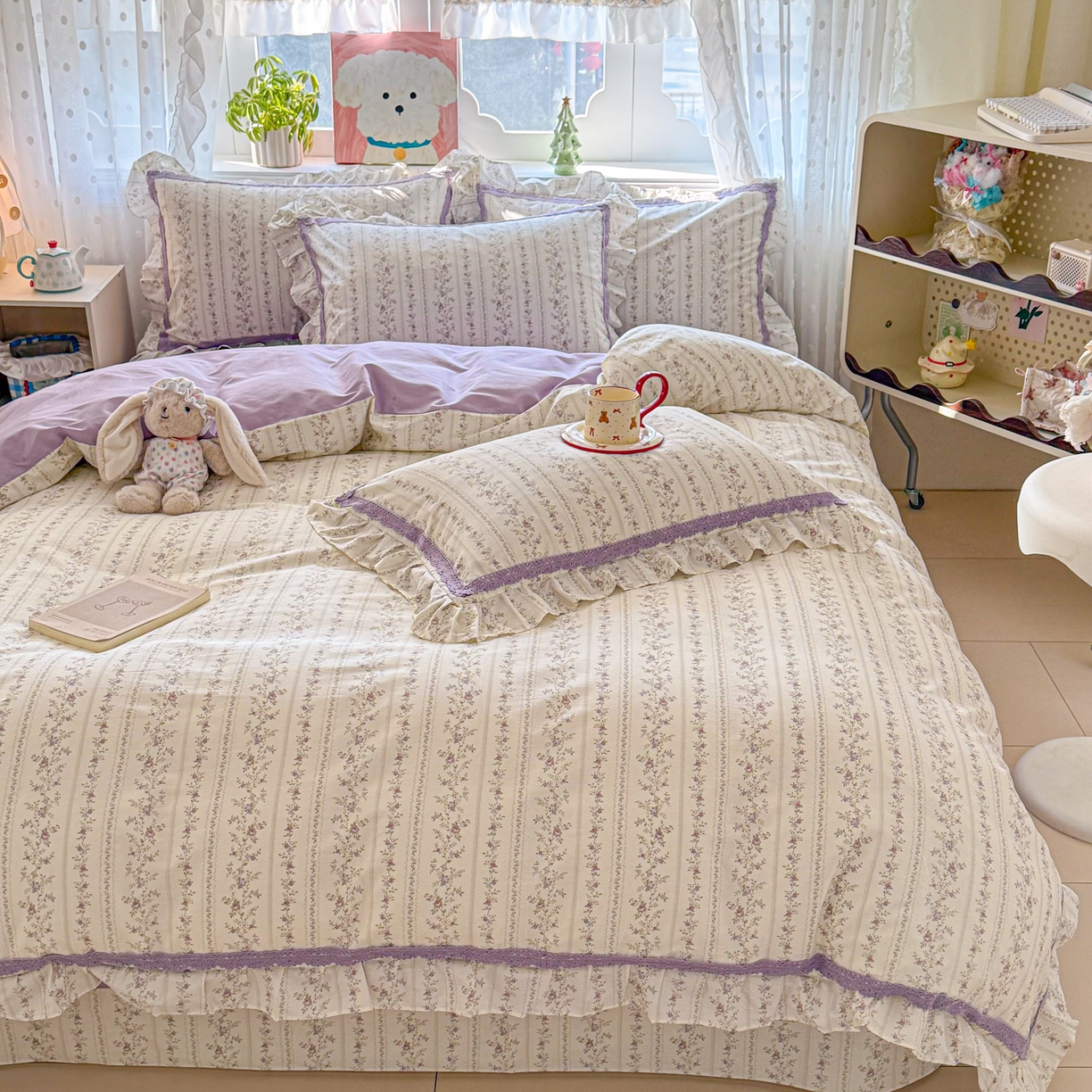 91家纺网 家纺一手货源 找家纺 眠屿家纺 2026新款40支全棉纯棉小清新法式花边款四件套 伊人飘香