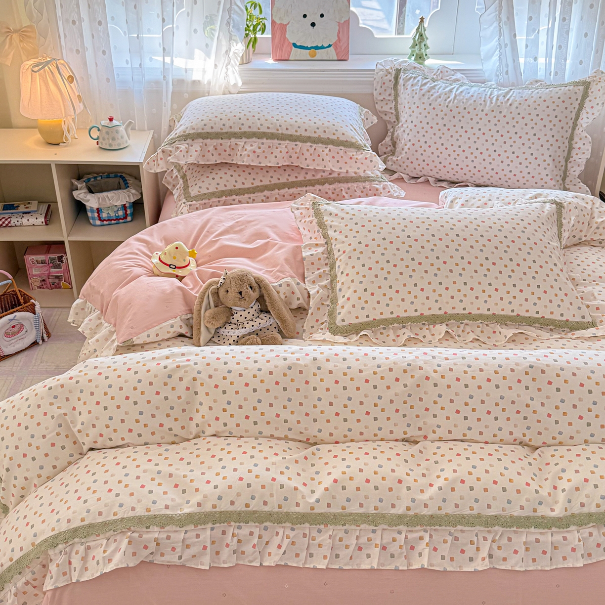 91家纺网 家纺一手货源 找家纺 眠屿家纺 2026新款40支全棉纯棉小清新法式花边款四件套 悠漾花影