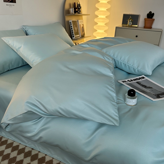 91家纺网 家纺一手货源 找家纺 缦绣阁家纺  2026新款夏季轻奢水洗冰丝四件套真丝简约纯色被罩被套学生宿舍三件套-洛可可系列 洛可可-碧湖兰