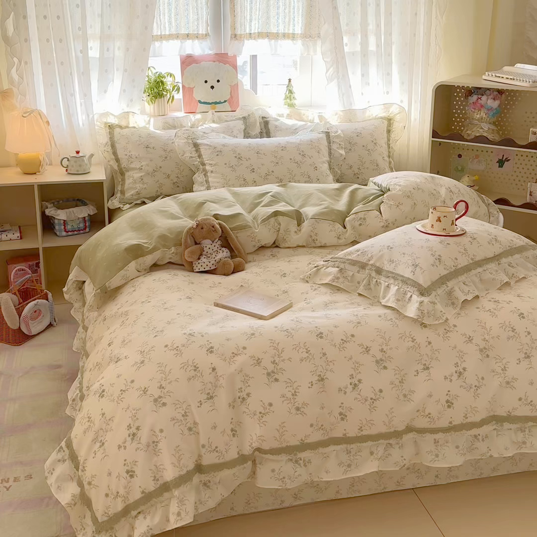 91家纺网 家纺一手货源 找家纺 眠屿家纺 2026新款40支全棉纯棉小清新法式花边款四件套 蝶海恋花