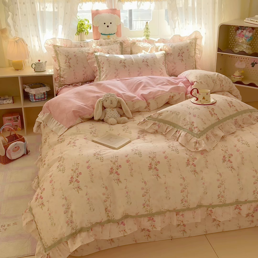 91家纺网 家纺一手货源 找家纺 眠屿家纺 2026新款40支全棉纯棉小清新法式花边款四件套 花香盎然