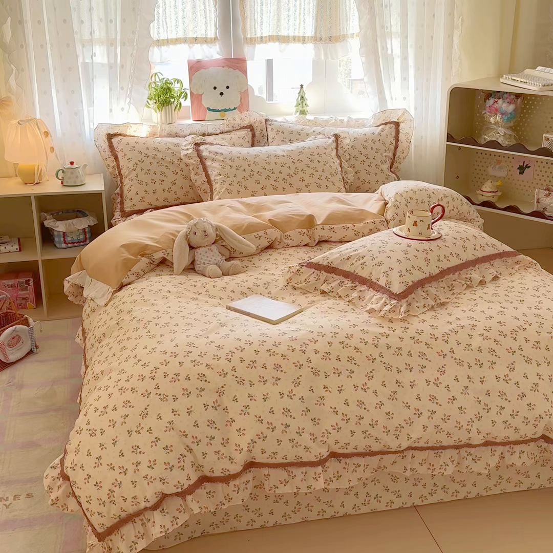 91家纺网 家纺一手货源 找家纺 眠屿家纺 2026新款40支全棉纯棉小清新法式花边款四件套 花资溢彩