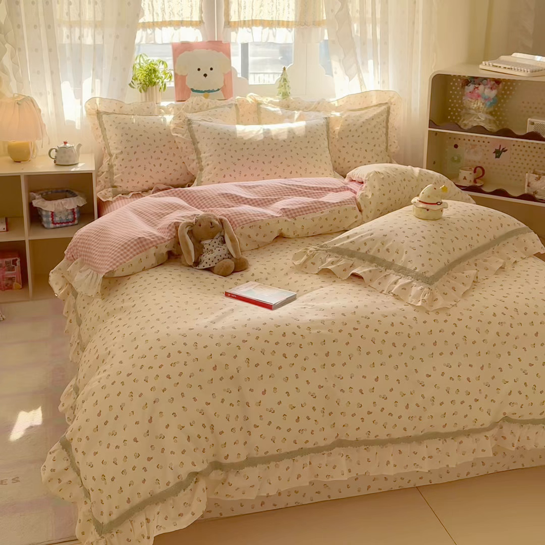 91家纺网 家纺一手货源 找家纺 眠屿家纺 2026新款40支全棉纯棉小清新法式花边款四件套 富贵香韵