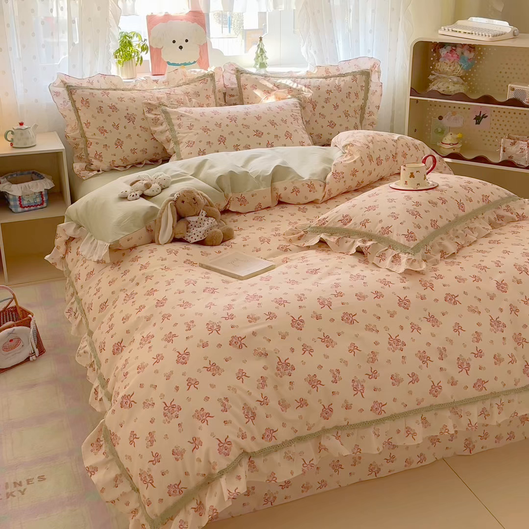 91家纺网 家纺一手货源 找家纺 眠屿家纺 2026新款40支全棉纯棉小清新法式花边款四件套 法式花园