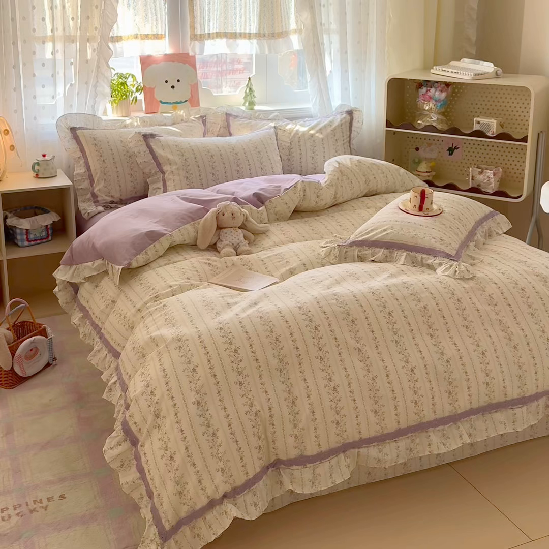 91家纺网 家纺一手货源 找家纺 眠屿家纺 2026新款40支全棉纯棉小清新法式花边款四件套 伊人飘香