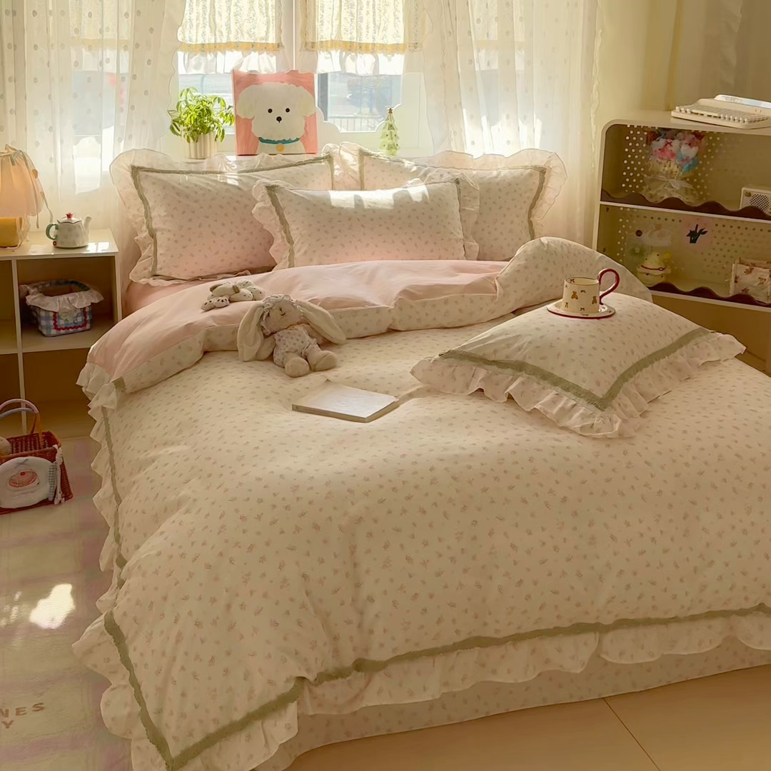 91家纺网 家纺一手货源 找家纺 眠屿家纺 2026新款40支全棉纯棉小清新法式花边款四件套 温婉花语