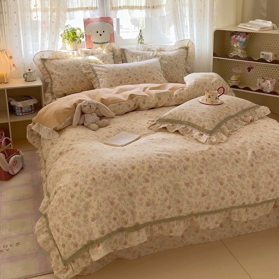 91家纺网 家纺一手货源 找家纺 眠屿家纺 2026新款40支全棉纯棉小清新法式花边款四件套 蓝语迷情