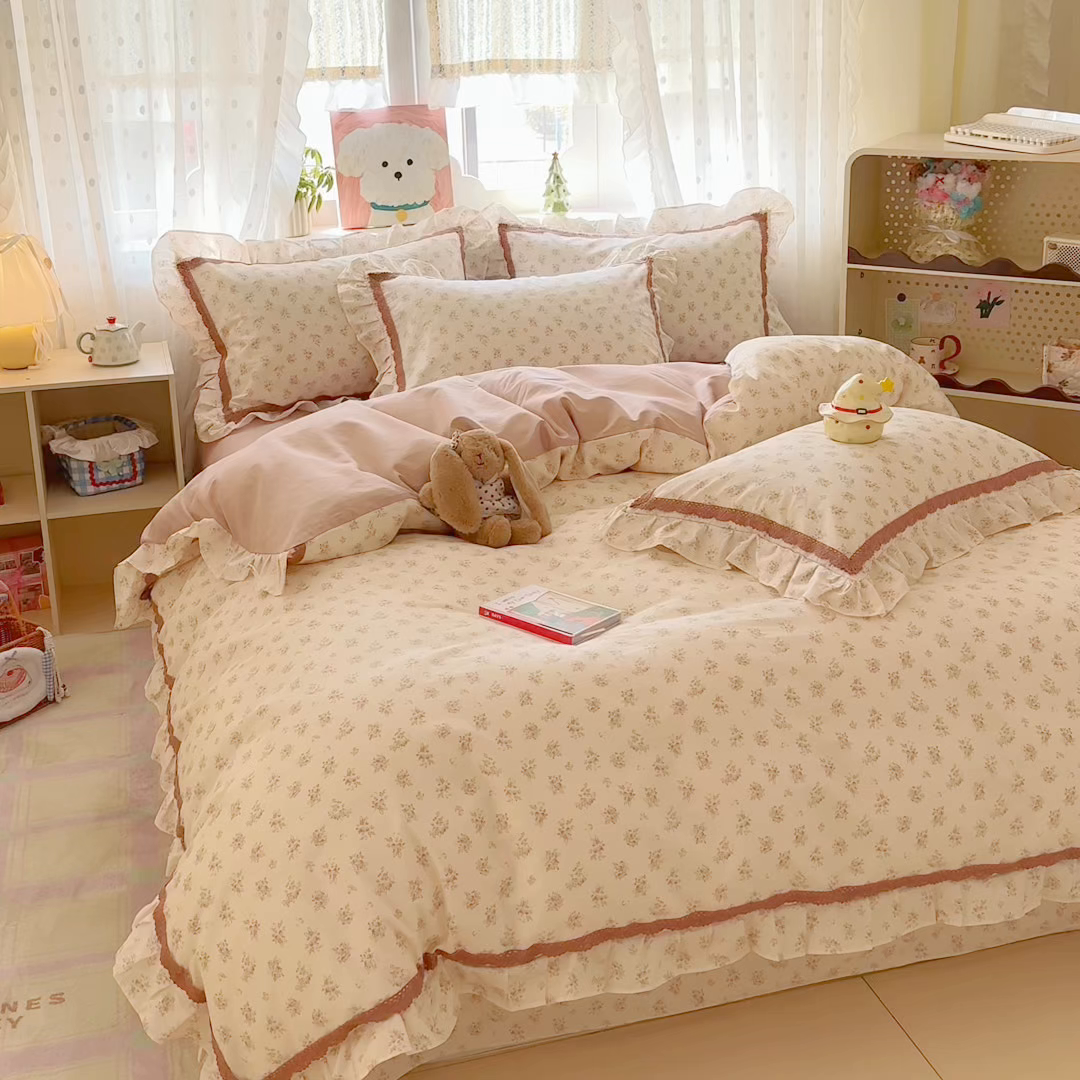 91家纺网 家纺一手货源 找家纺 眠屿家纺 2026新款40支全棉纯棉小清新法式花边款四件套 怡人香舍