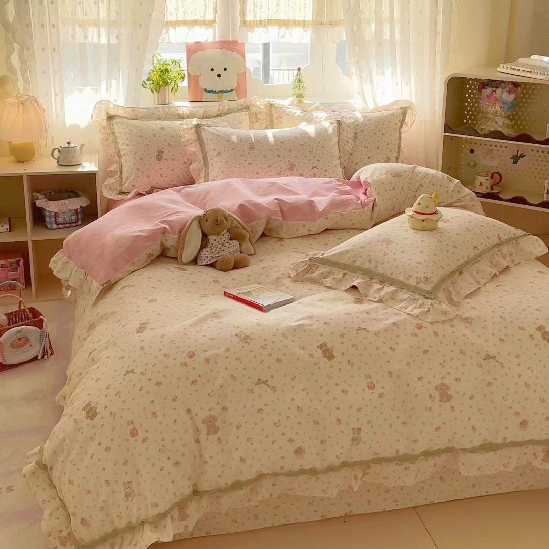 91家纺网 家纺一手货源 找家纺 眠屿家纺 2026新款40支全棉纯棉小清新法式花边款四件套 花意阑珊