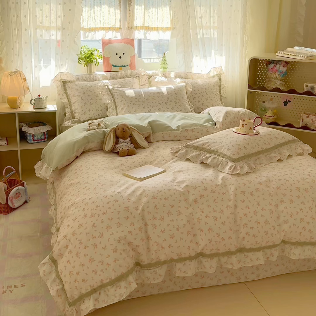 91家纺网 家纺一手货源 找家纺 眠屿家纺 2026新款40支全棉纯棉小清新法式花边款四件套 柔色花笺