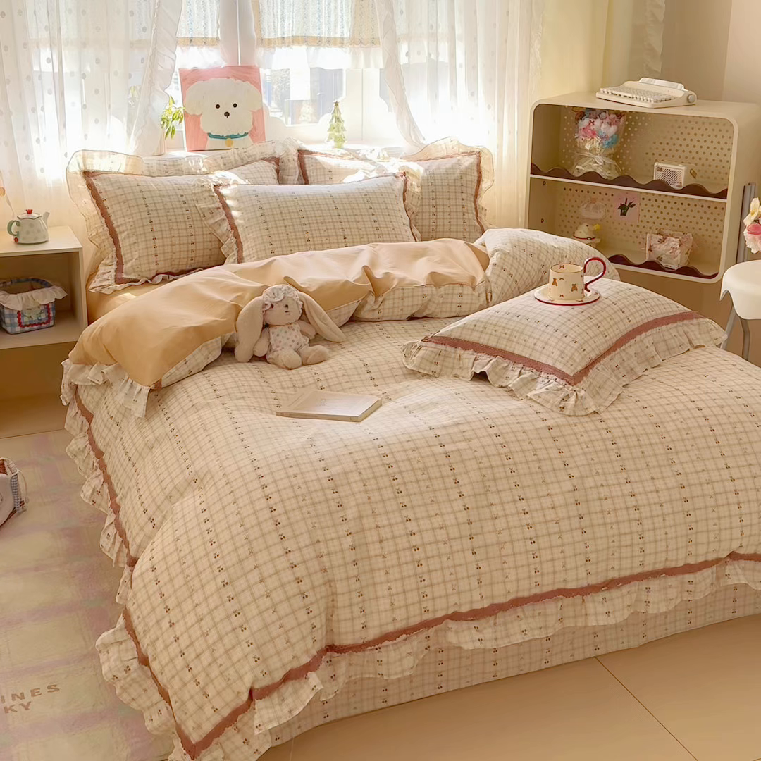 91家纺网 家纺一手货源 找家纺 眠屿家纺 2026新款40支全棉纯棉小清新法式花边款四件套 幽韵飘香