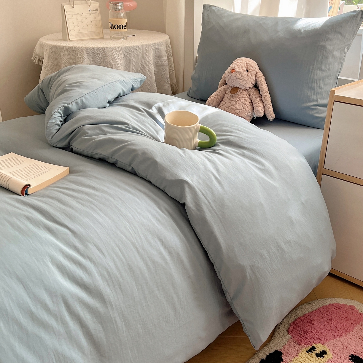 91家纺网 家纺一手货源 找家纺 缦绣阁家纺 2026新款亲肤水洗棉纯色四件套床单被罩被套单件学生宿舍上下铺单人三件套 纯色墨兰