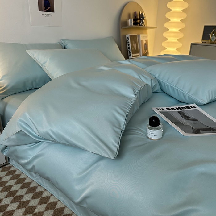 91家纺网 家纺一手货源 找家纺 缦绣阁家纺  2026新款夏季轻奢水洗冰丝四件套真丝简约纯色被罩被套学生宿舍三件套-洛可可系列 洛可可-碧湖兰