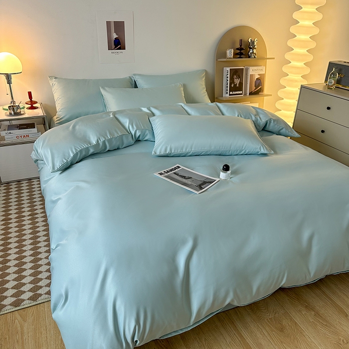 91家纺网 家纺一手货源 找家纺 缦绣阁家纺  2026新款夏季轻奢水洗冰丝四件套真丝简约纯色被罩被套学生宿舍三件套-洛可可系列 洛可可-碧湖兰