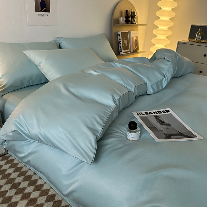 91家纺网 家纺一手货源 找家纺 缦绣阁家纺  2026新款夏季轻奢水洗冰丝四件套真丝简约纯色被罩被套学生宿舍三件套-洛可可系列 洛可可-碧湖兰