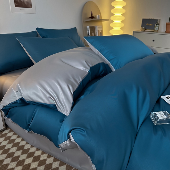 缦绣阁家纺  2026新款夏季轻奢水洗冰丝四件套真丝简约纯色被罩被套学生宿舍三件套-洛可可系列 洛可可-宾利蓝+灰