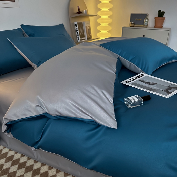 91家纺网 家纺一手货源 找家纺 缦绣阁家纺  2026新款夏季轻奢水洗冰丝四件套真丝简约纯色被罩被套学生宿舍三件套-洛可可系列 洛可可-宾利蓝+灰