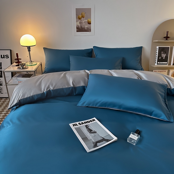 91家纺网 家纺一手货源 找家纺 缦绣阁家纺  2026新款夏季轻奢水洗冰丝四件套真丝简约纯色被罩被套学生宿舍三件套-洛可可系列 洛可可-宾利蓝+灰