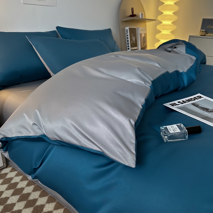 91家纺网 家纺一手货源 找家纺 缦绣阁家纺  2026新款夏季轻奢水洗冰丝四件套真丝简约纯色被罩被套学生宿舍三件套-洛可可系列 洛可可-宾利蓝+灰