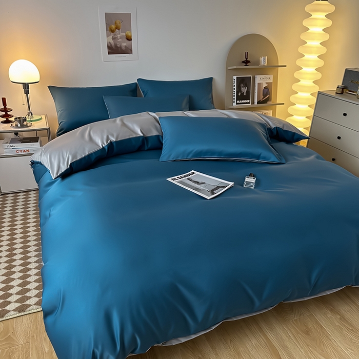 91家纺网 家纺一手货源 找家纺 缦绣阁家纺  2026新款夏季轻奢水洗冰丝四件套真丝简约纯色被罩被套学生宿舍三件套-洛可可系列 洛可可-宾利蓝+灰