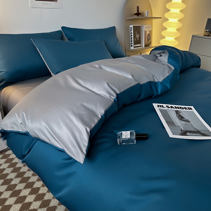 91家纺网 家纺一手货源 找家纺 缦绣阁家纺  2026新款夏季轻奢水洗冰丝四件套真丝简约纯色被罩被套学生宿舍三件套-洛可可系列 洛可可-宾利蓝+灰