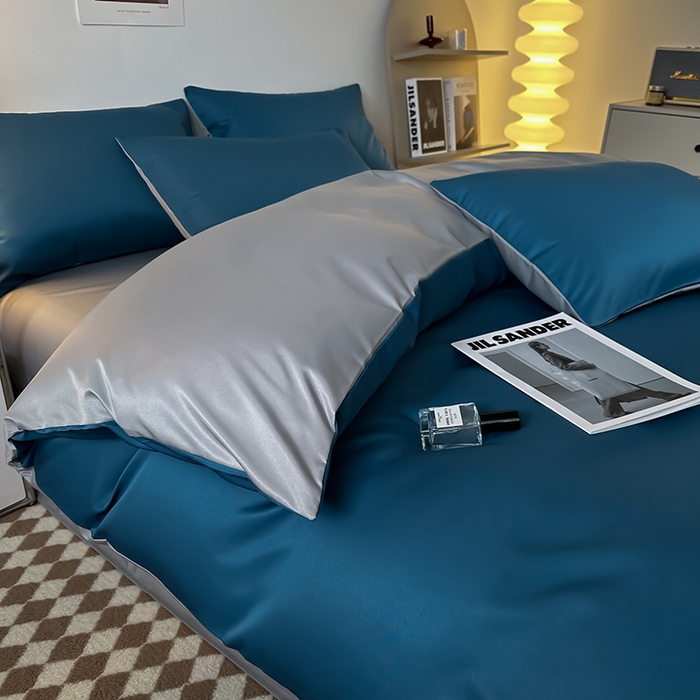 91家纺网 家纺一手货源 找家纺 缦绣阁家纺  2026新款夏季轻奢水洗冰丝四件套真丝简约纯色被罩被套学生宿舍三件套-洛可可系列 洛可可-宾利蓝+灰