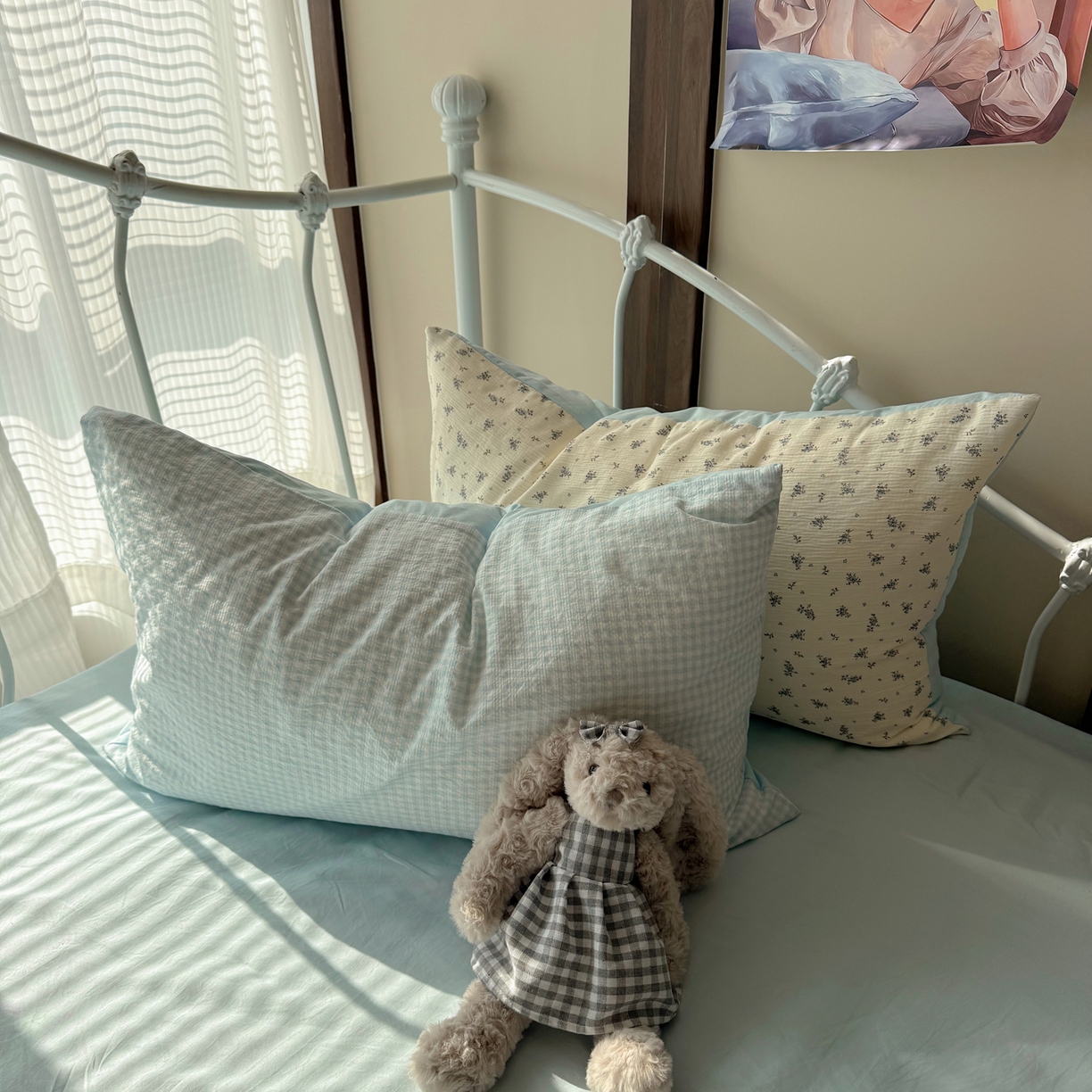 91家纺网 家纺一手货源 找家纺 轻奢坊 2026春夏新款皱皱纱双层纱拼接复古四件套-集梦 集梦奶蓝