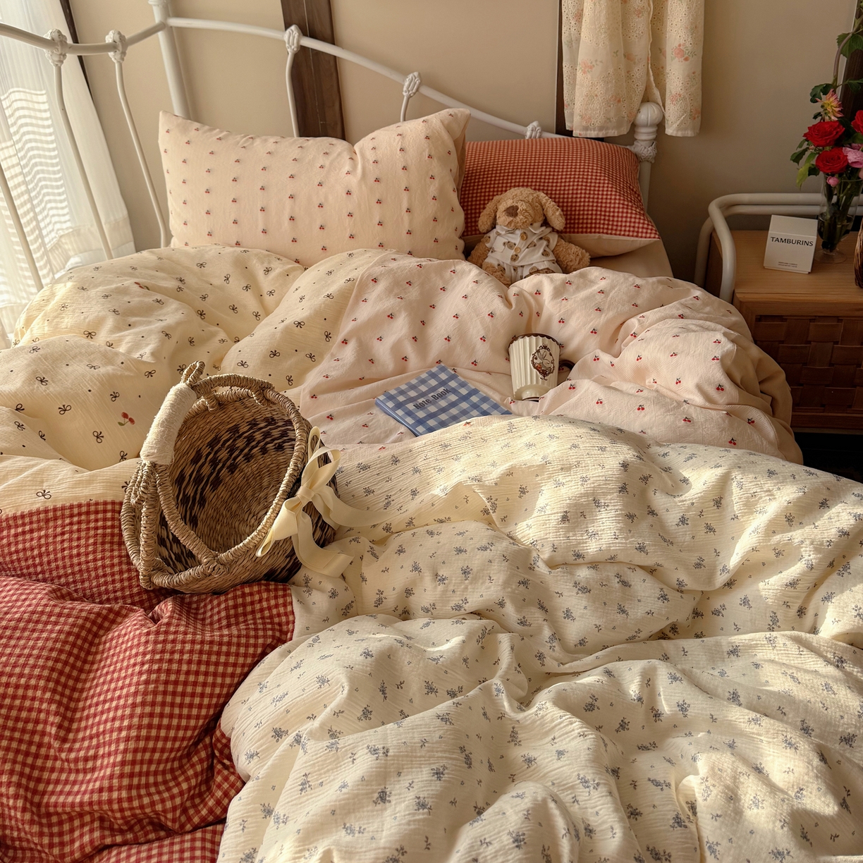 91家纺网 家纺一手货源 找家纺 轻奢坊 2026春夏新款皱皱纱双层纱拼接复古四件套-集梦 集梦糖果