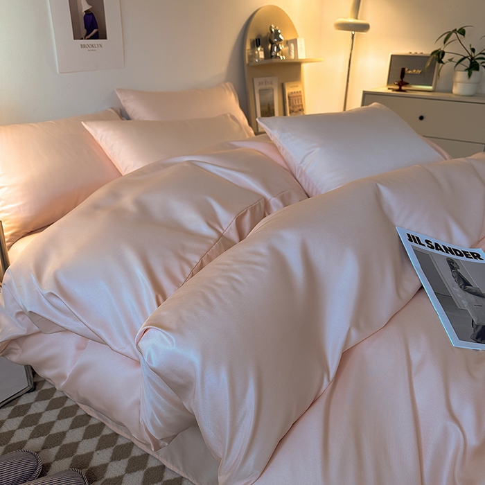 缦绣阁家纺  2026新款夏季轻奢水洗冰丝四件套真丝简约纯色被罩被套学生宿舍三件套-洛可可系列 洛可可-纯粉