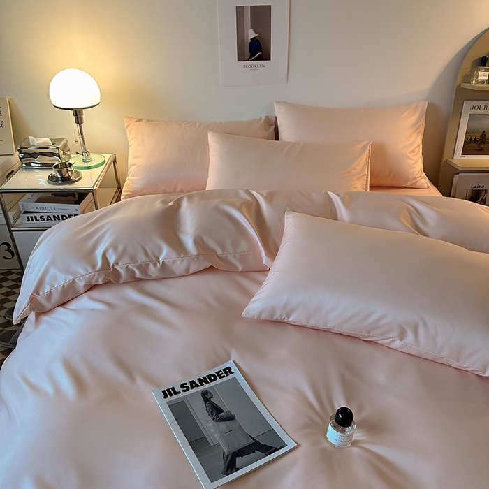 91家纺网 家纺一手货源 找家纺 缦绣阁家纺  2026新款夏季轻奢水洗冰丝四件套真丝简约纯色被罩被套学生宿舍三件套-洛可可系列 洛可可-纯粉