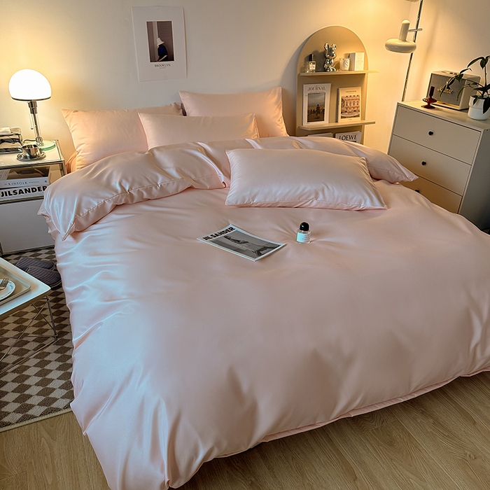 91家纺网 家纺一手货源 找家纺 缦绣阁家纺  2026新款夏季轻奢水洗冰丝四件套真丝简约纯色被罩被套学生宿舍三件套-洛可可系列 洛可可-纯粉