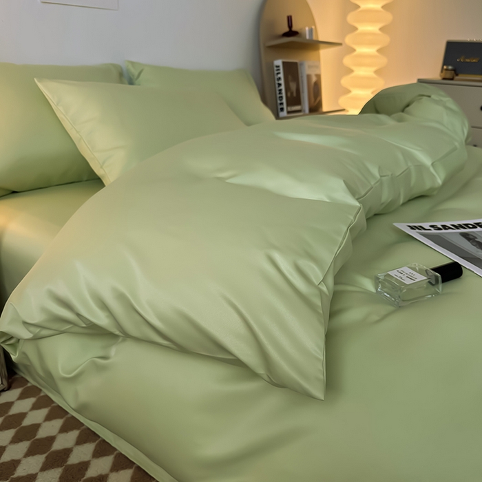 91家纺网 家纺一手货源 找家纺 缦绣阁家纺  2026新款夏季轻奢水洗冰丝四件套真丝简约纯色被罩被套学生宿舍三件套-洛可可系列 洛可可-纯果绿