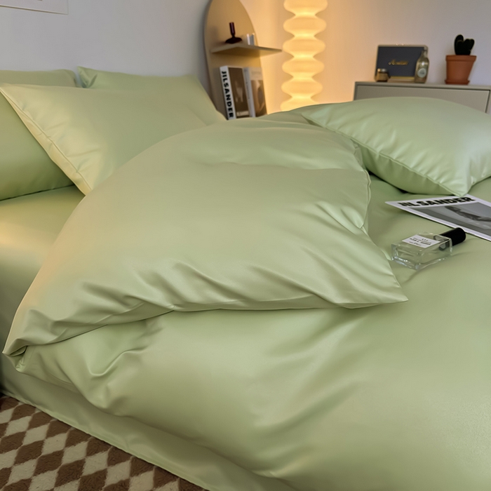 91家纺网 家纺一手货源 找家纺 缦绣阁家纺  2026新款夏季轻奢水洗冰丝四件套真丝简约纯色被罩被套学生宿舍三件套-洛可可系列 洛可可-纯果绿