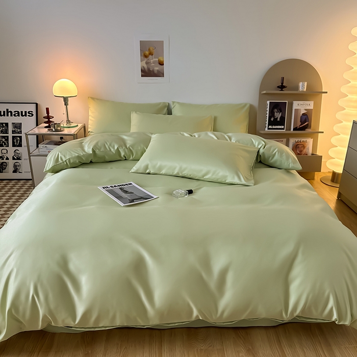 91家纺网 家纺一手货源 找家纺 缦绣阁家纺  2026新款夏季轻奢水洗冰丝四件套真丝简约纯色被罩被套学生宿舍三件套-洛可可系列 洛可可-纯果绿
