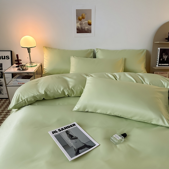 91家纺网 家纺一手货源 找家纺 缦绣阁家纺  2026新款夏季轻奢水洗冰丝四件套真丝简约纯色被罩被套学生宿舍三件套-洛可可系列 洛可可-纯果绿