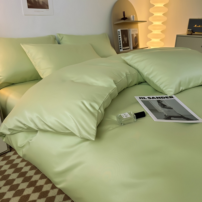 91家纺网 家纺一手货源 找家纺 缦绣阁家纺  2026新款夏季轻奢水洗冰丝四件套真丝简约纯色被罩被套学生宿舍三件套-洛可可系列 洛可可-纯果绿
