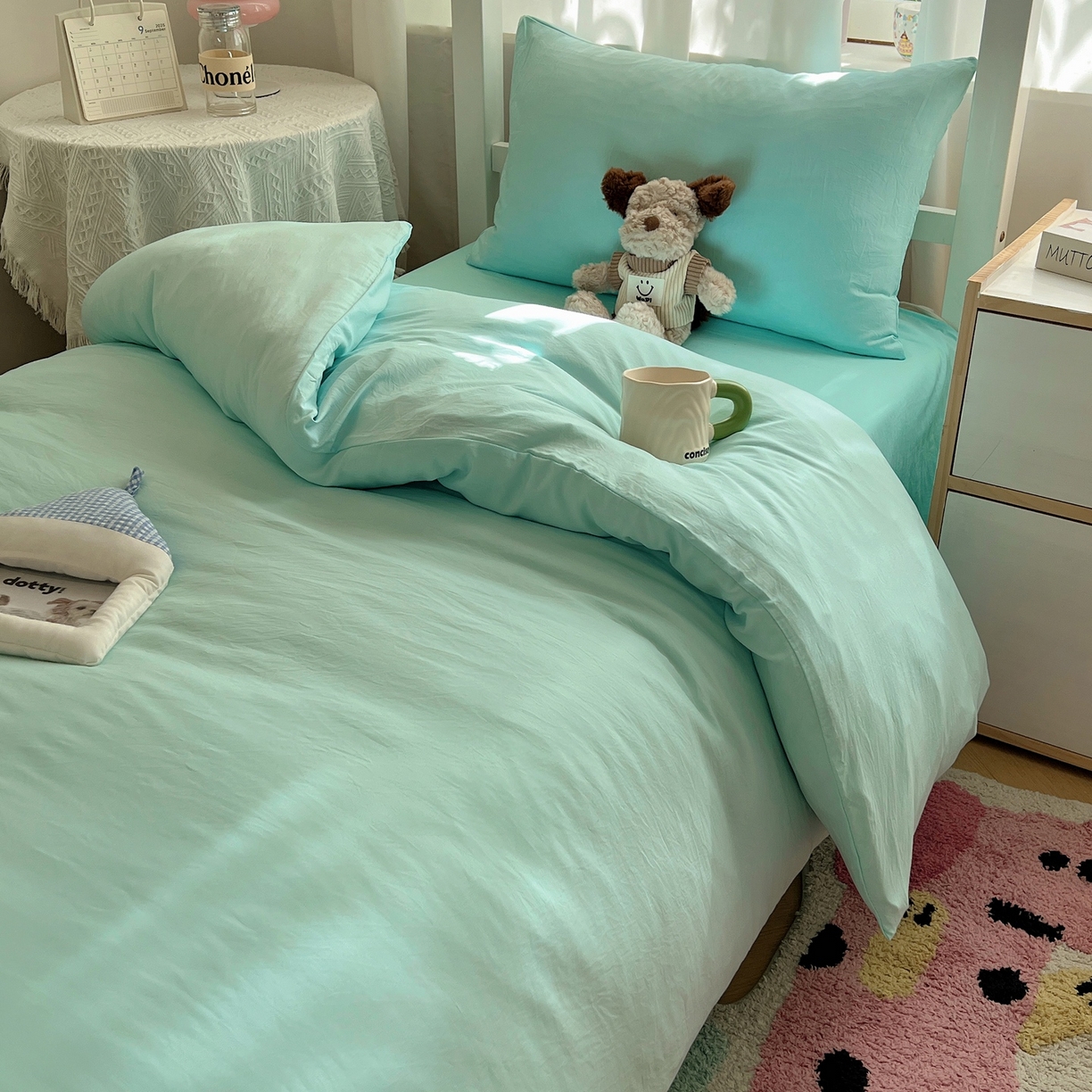 91家纺网 家纺一手货源 找家纺 缦绣阁家纺 2026新款亲肤水洗棉纯色四件套床单被罩被套单件学生宿舍上下铺单人三件套 纯色水绿