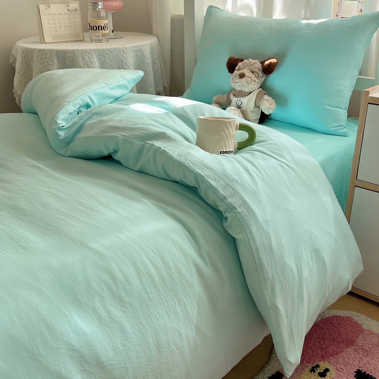 91家纺网 家纺一手货源 找家纺 缦绣阁家纺 2026新款亲肤水洗棉纯色四件套床单被罩被套单件学生宿舍上下铺单人三件套 纯色水绿