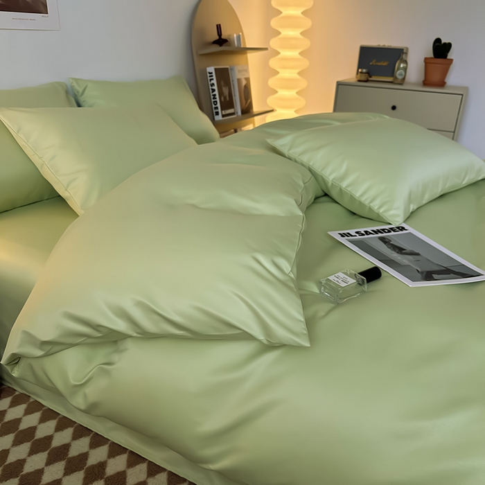 91家纺网 家纺一手货源 找家纺 缦绣阁家纺  2026新款夏季轻奢水洗冰丝四件套真丝简约纯色被罩被套学生宿舍三件套-洛可可系列 洛可可-纯果绿