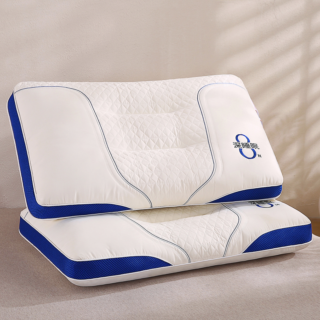 91家纺网 家纺一手货源 找家纺 橘夏家纺 2026新款8小时深睡眠刺绣款枕芯 立体分区透气家用助眠枕头芯 8小时深睡眠刺绣款-白色