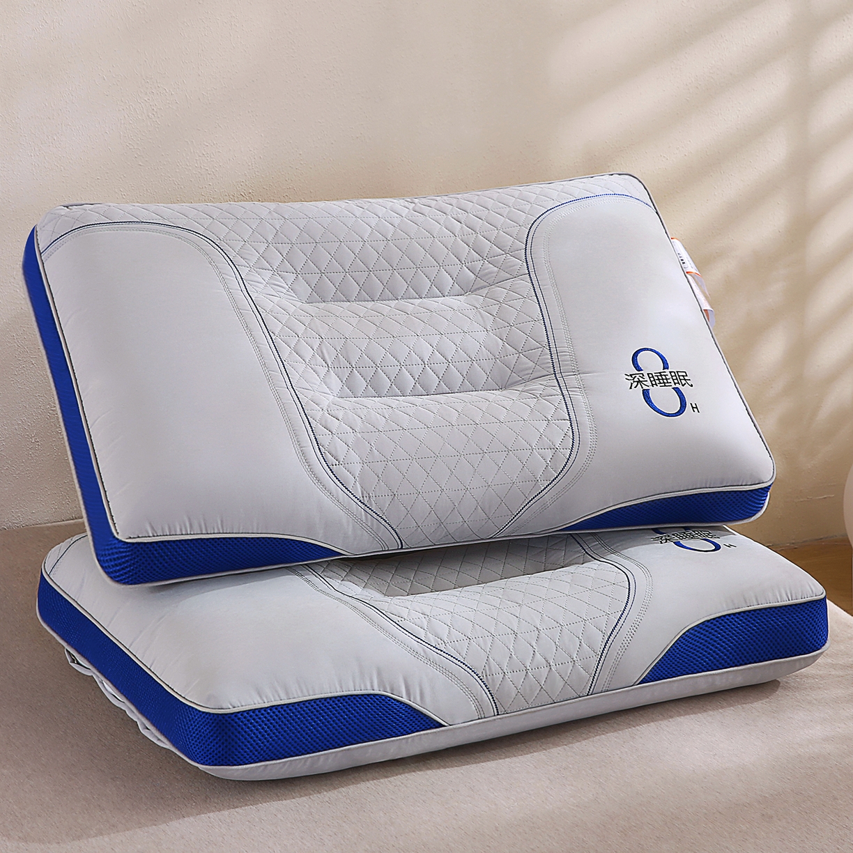 橘夏家纺 2026新款8小时深睡眠刺绣款枕芯 立体分区透气家用助眠枕头芯 8小时深睡眠刺绣款-灰色