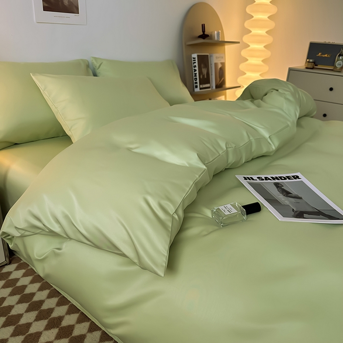91家纺网 家纺一手货源 找家纺 缦绣阁家纺  2026新款夏季轻奢水洗冰丝四件套真丝简约纯色被罩被套学生宿舍三件套-洛可可系列 洛可可-纯果绿