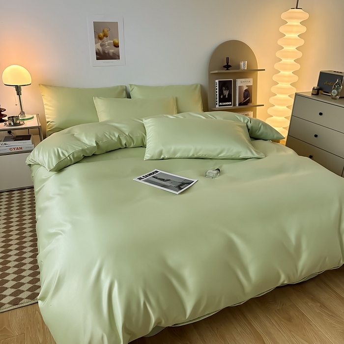 91家纺网 家纺一手货源 找家纺 缦绣阁家纺  2026新款夏季轻奢水洗冰丝四件套真丝简约纯色被罩被套学生宿舍三件套-洛可可系列 洛可可-纯果绿