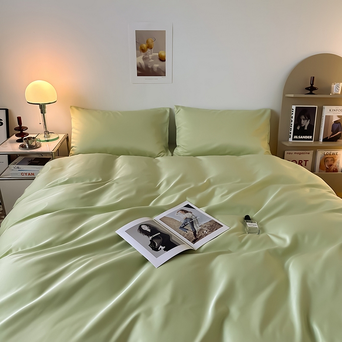 91家纺网 家纺一手货源 找家纺 缦绣阁家纺  2026新款夏季轻奢水洗冰丝四件套真丝简约纯色被罩被套学生宿舍三件套-洛可可系列 洛可可-纯果绿